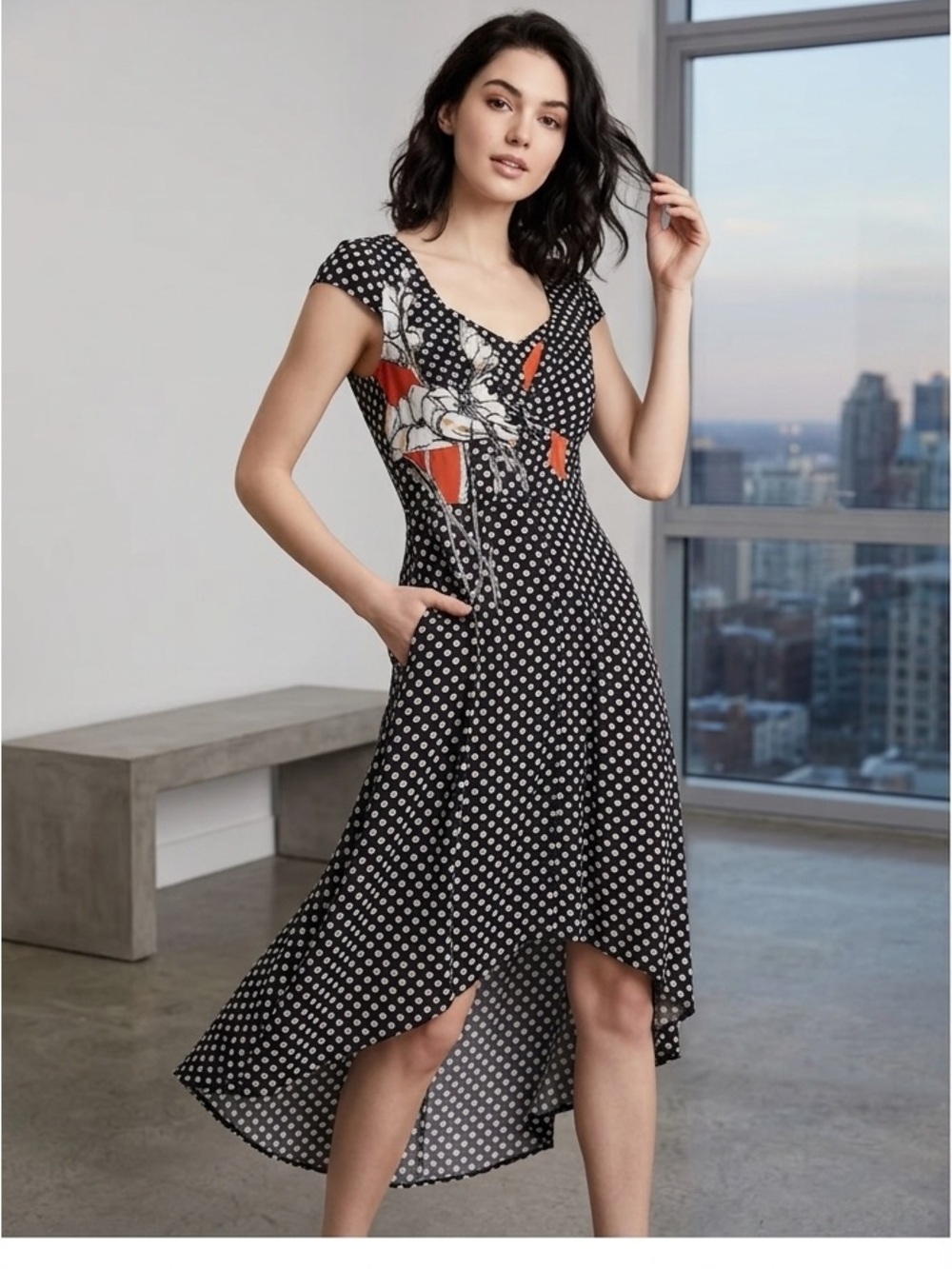 Manila Grace Multicolor V-Neck Dress | Asymmetric Polkadot Short Sleeves Sz 8 Un